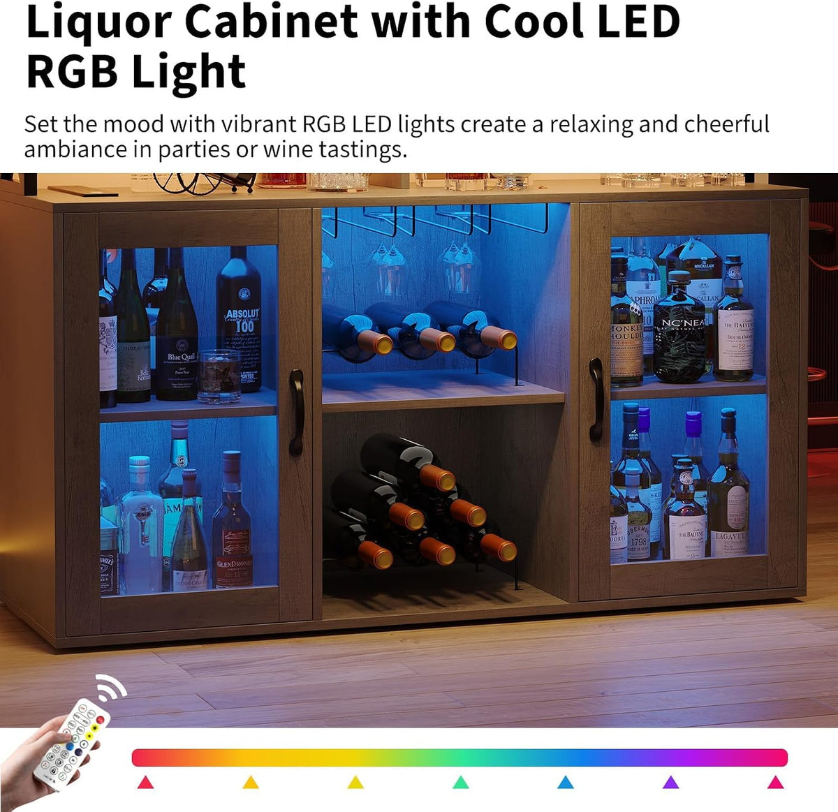 47" Wine Cabinet with LED Light, Home Coffee Cabinet with Wine Rack and Glass Holder, Coffee Bar Buffet Sideboard Storage with Power Outlets, for Living Room, Dining Room, Grey