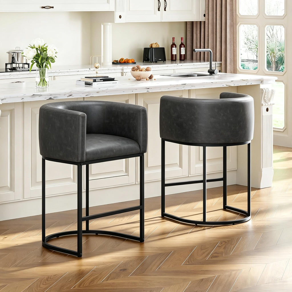 26" H Counter Height Bar Stools Set of 2, Modern Barrel Counter Stools with Backrest and Arms, Linen Fabric Upholstered Accent Barstools for Kitchen Island,Support 450 LBS (Beige)