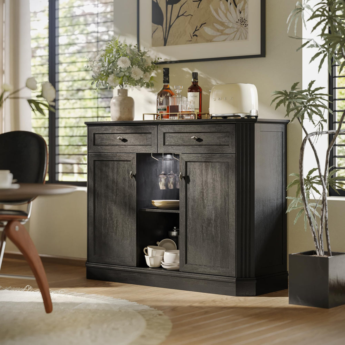 47" Wine Bar Cabinet with LED Light & Power Outlets, 2 Door Coffee Bar Cabinet with 2 Drawers, Sideboard Buffet Cabinet with Storage, Liquor Cabinet for Home Bar, Kitchen Living Room, Walnut Brown
