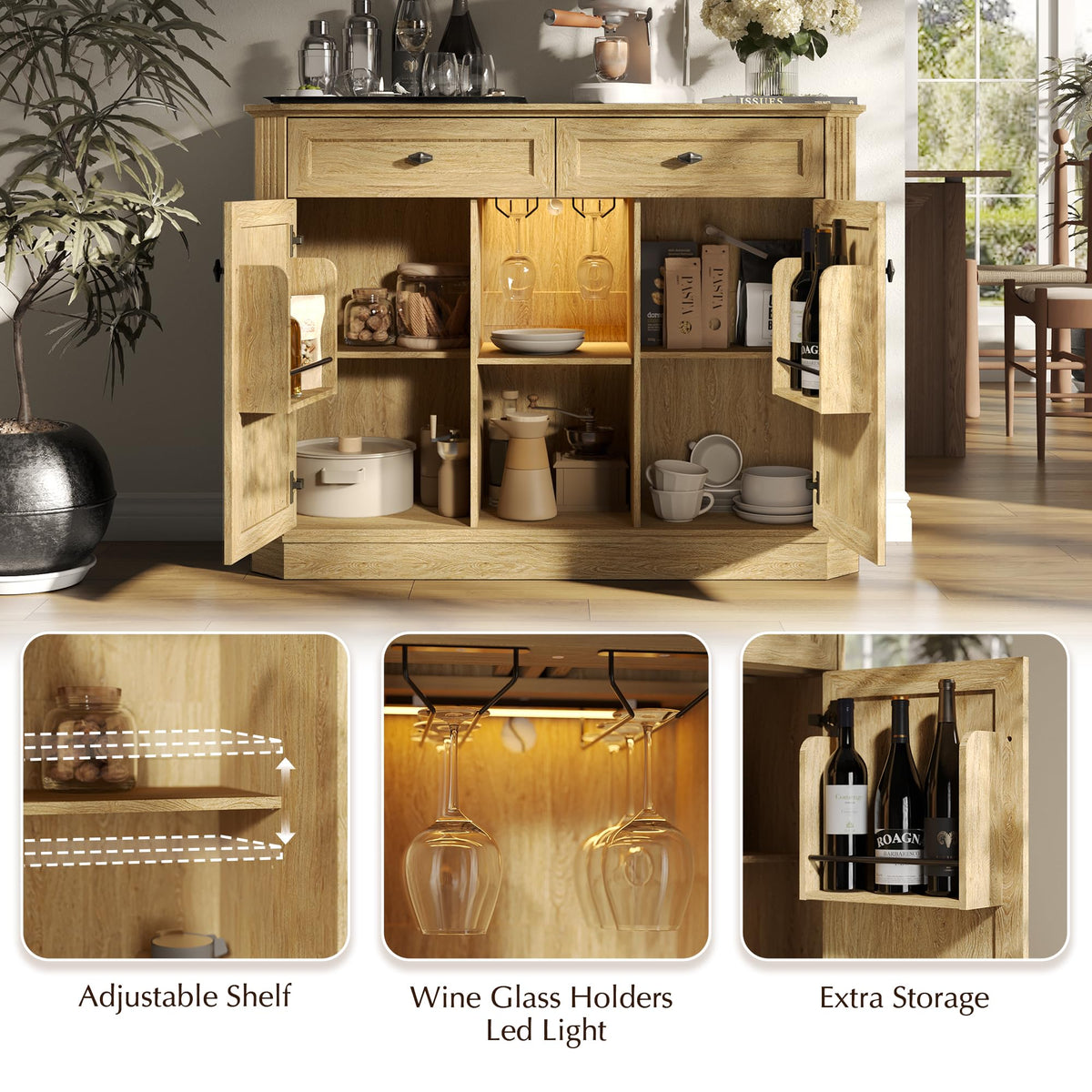 47" Wine Bar Cabinet with LED Light & Power Outlets, 2 Door Coffee Bar Cabinet with 2 Drawers, Sideboard Buffet Cabinet with Storage, Liquor Cabinet for Home Bar, Kitchen Living Room, Walnut Brown