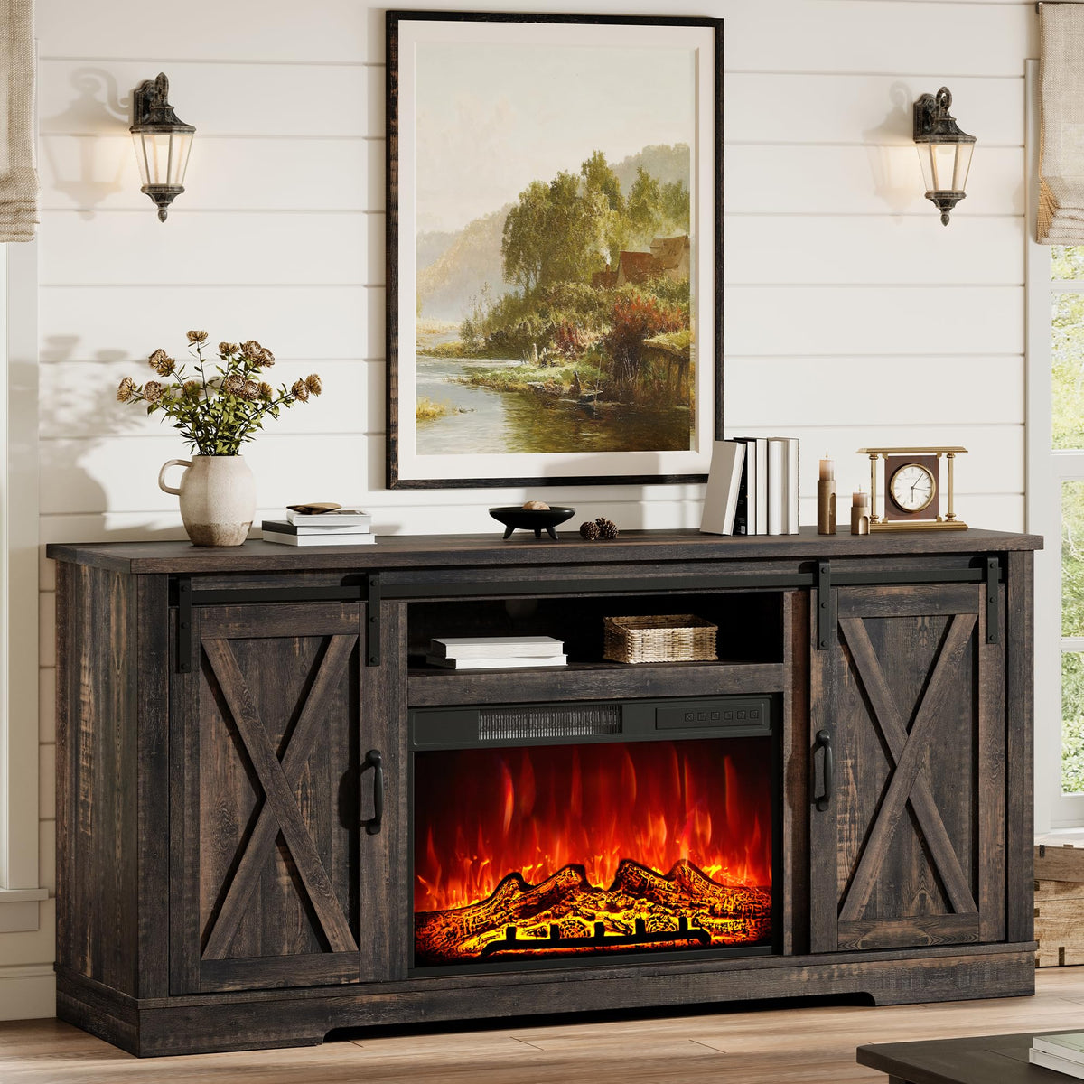 AMERLIFE Fireplace TV Stand with Sliding Barn Door for TVs up to 75"