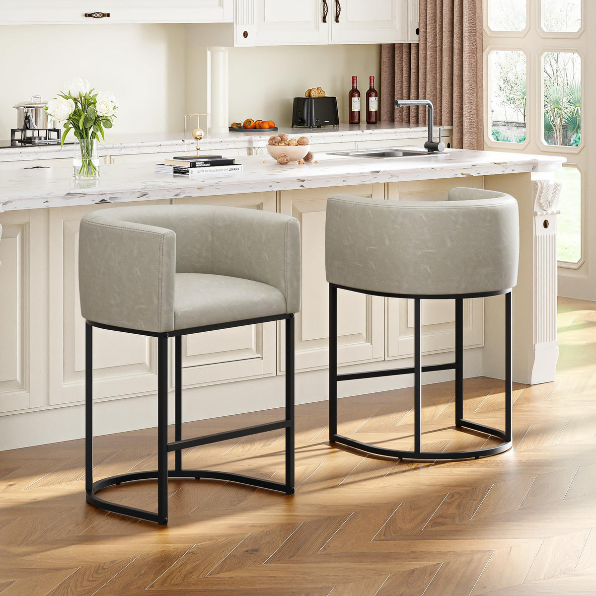 26" H Counter Height Bar Stools Set of 2, Modern Barrel Counter Stools with Backrest and Arms, Linen Fabric Upholstered Accent Barstools for Kitchen Island,Support 450 LBS (Beige)