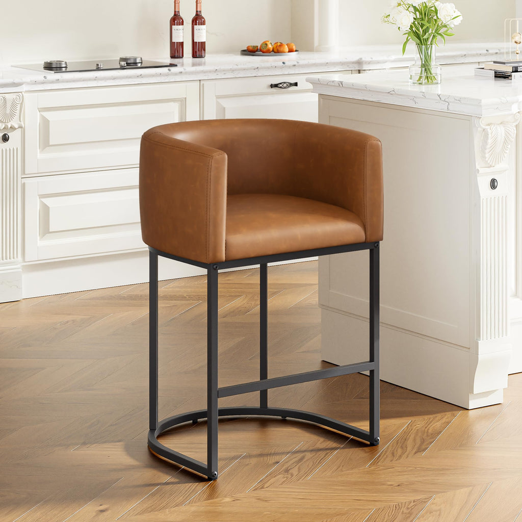 26" H Counter Height Bar Stools Set of 2, Modern Barrel Counter Stools with Backrest and Arms, Linen Fabric Upholstered Accent Barstools for Kitchen Island,Support 450 LBS (Beige)