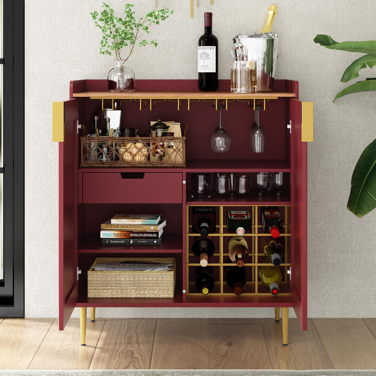 ARTPOWER Coffee Bar Cabinet with Wine Rack&Glass Holder, Sage Green