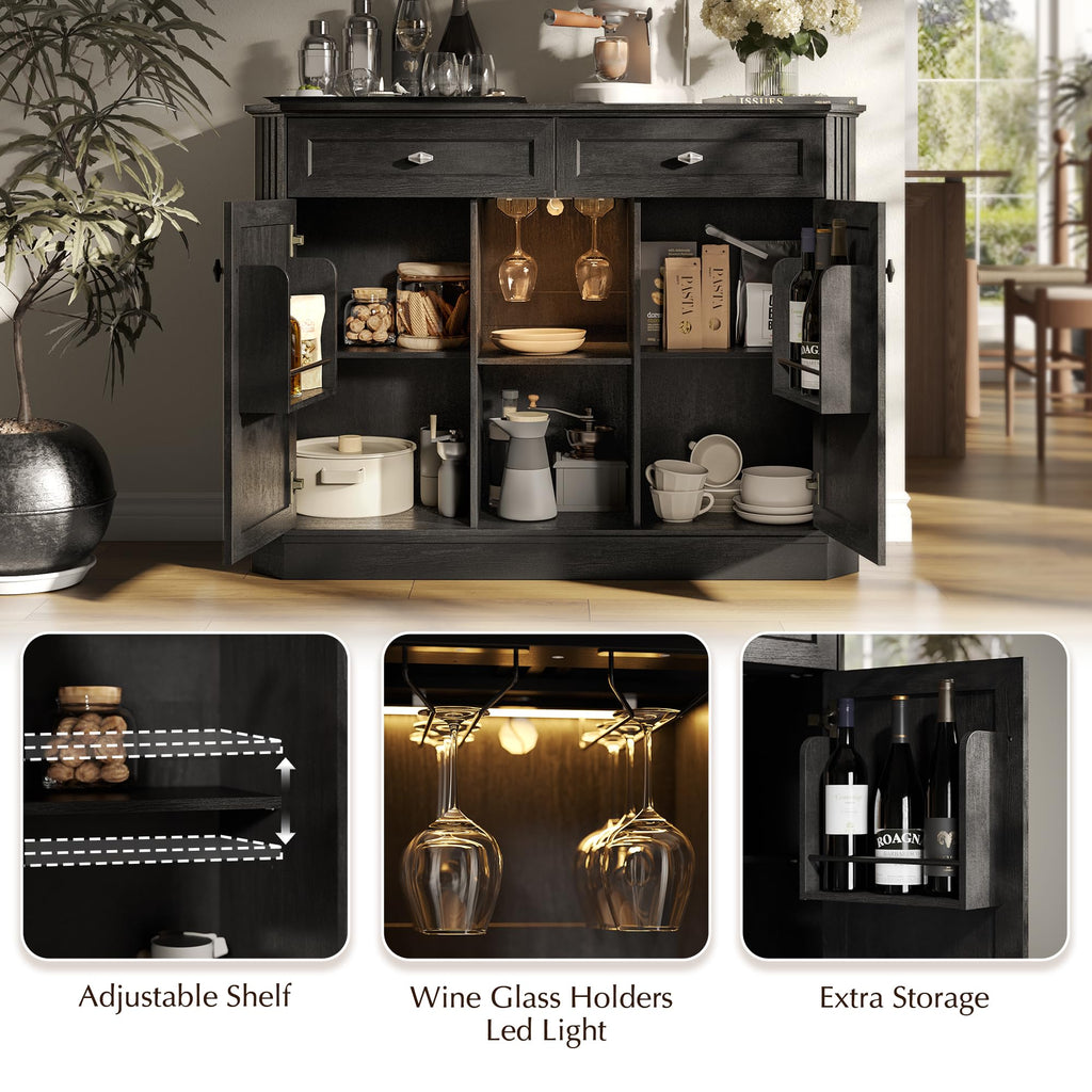 47" Wine Bar Cabinet with LED Light & Power Outlets, 2 Door Coffee Bar Cabinet with 2 Drawers, Sideboard Buffet Cabinet with Storage, Liquor Cabinet for Home Bar, Kitchen Living Room, Walnut Brown
