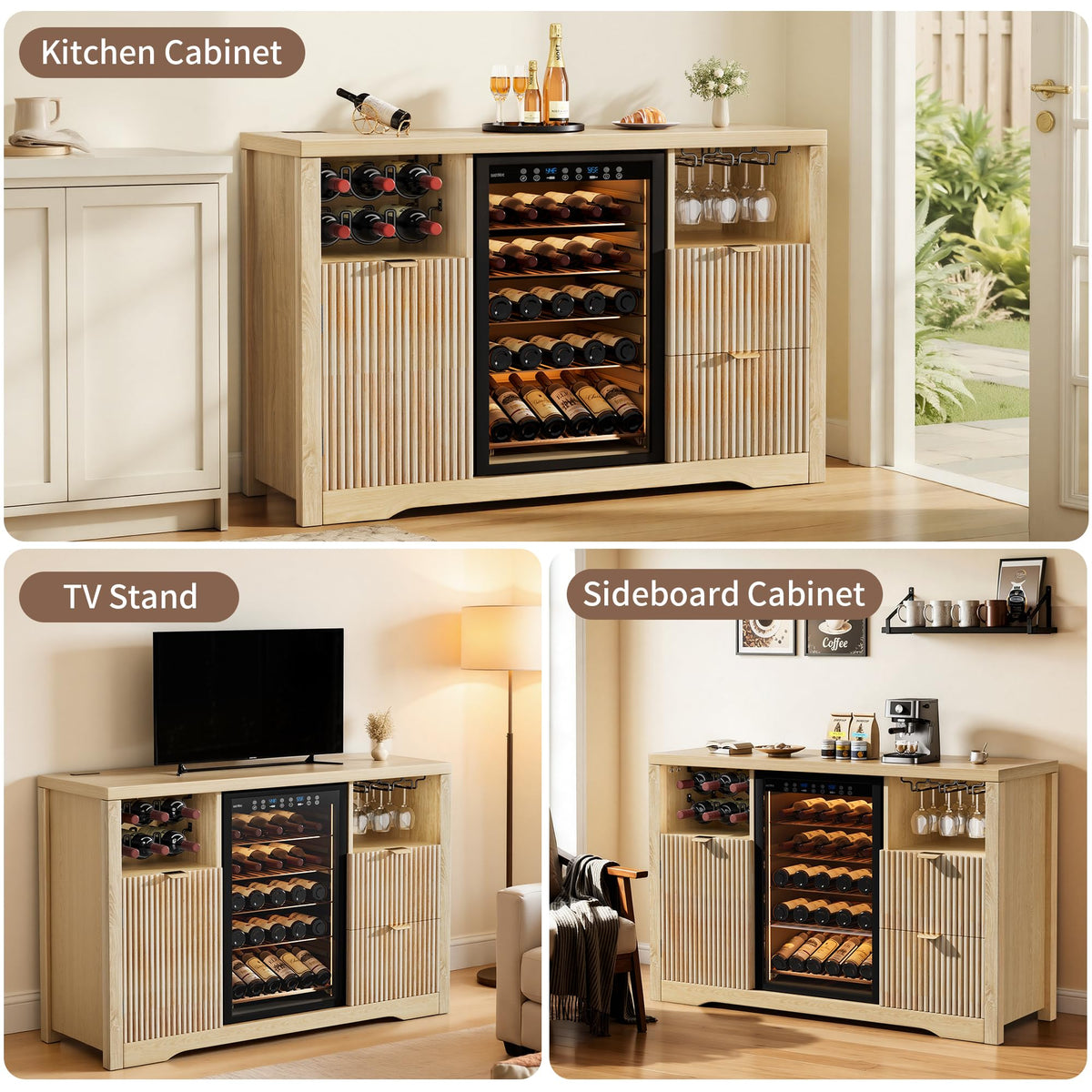 Leteuke Coffee Bar Cabinet with 2 Fridge Space, 70.8" Large Wine Cabinet