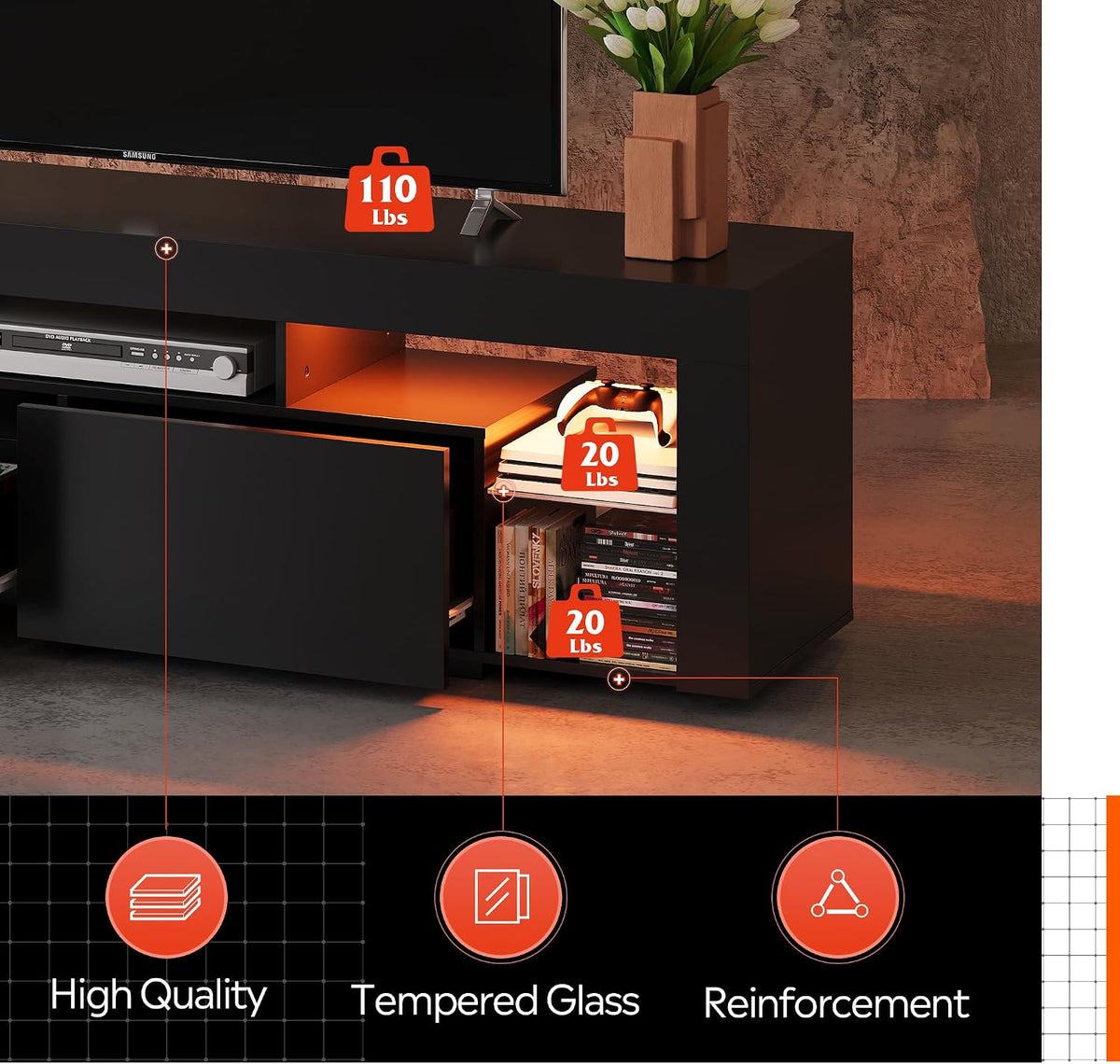 WLIVE 63 Inch TV Stand for 55/65/70 Inch TVs, Modern Entertainment Center with 20 LED Lights & 2 Large Storage Drawers, Media Console Table, Gaming Television Stands for Living Room, Bedroom, Black