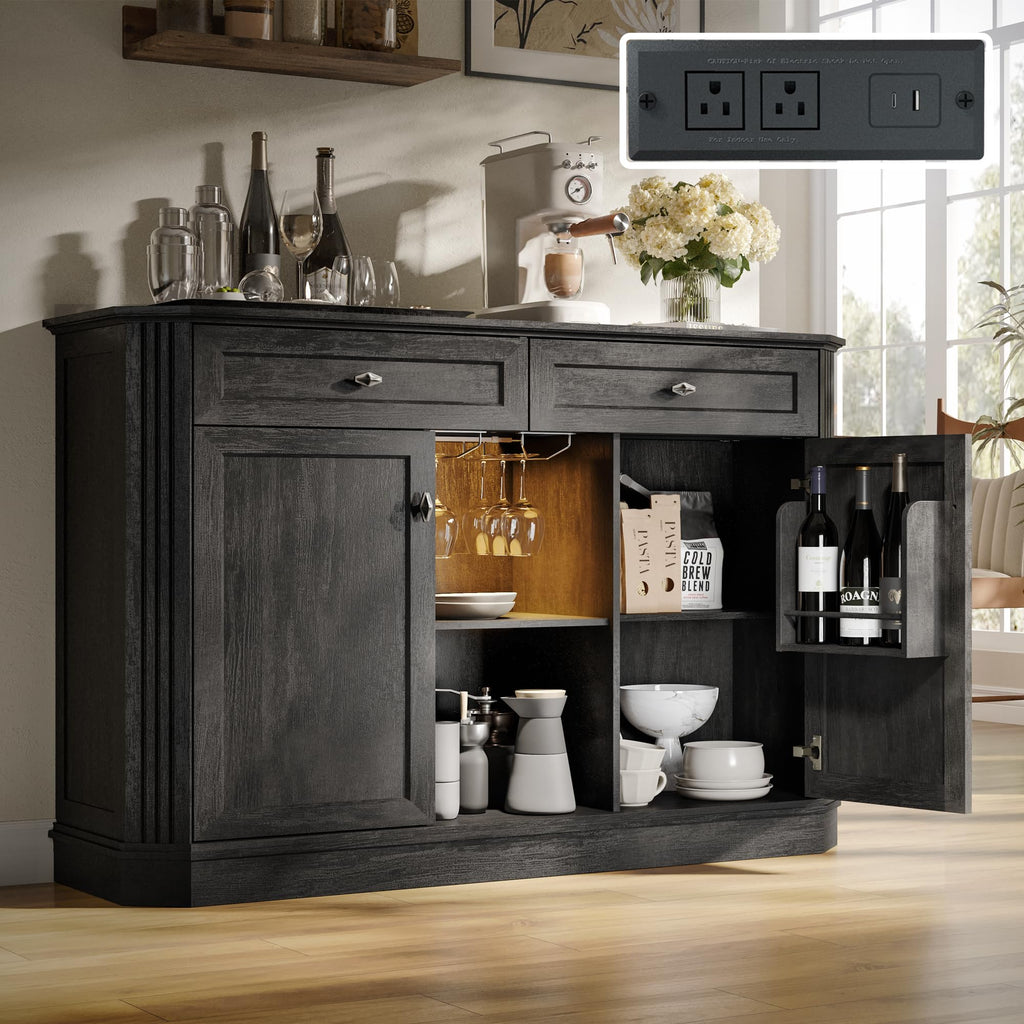 47" Wine Bar Cabinet with LED Light & Power Outlets, 2 Door Coffee Bar Cabinet with 2 Drawers, Sideboard Buffet Cabinet with Storage, Liquor Cabinet for Home Bar, Kitchen Living Room, Walnut Brown