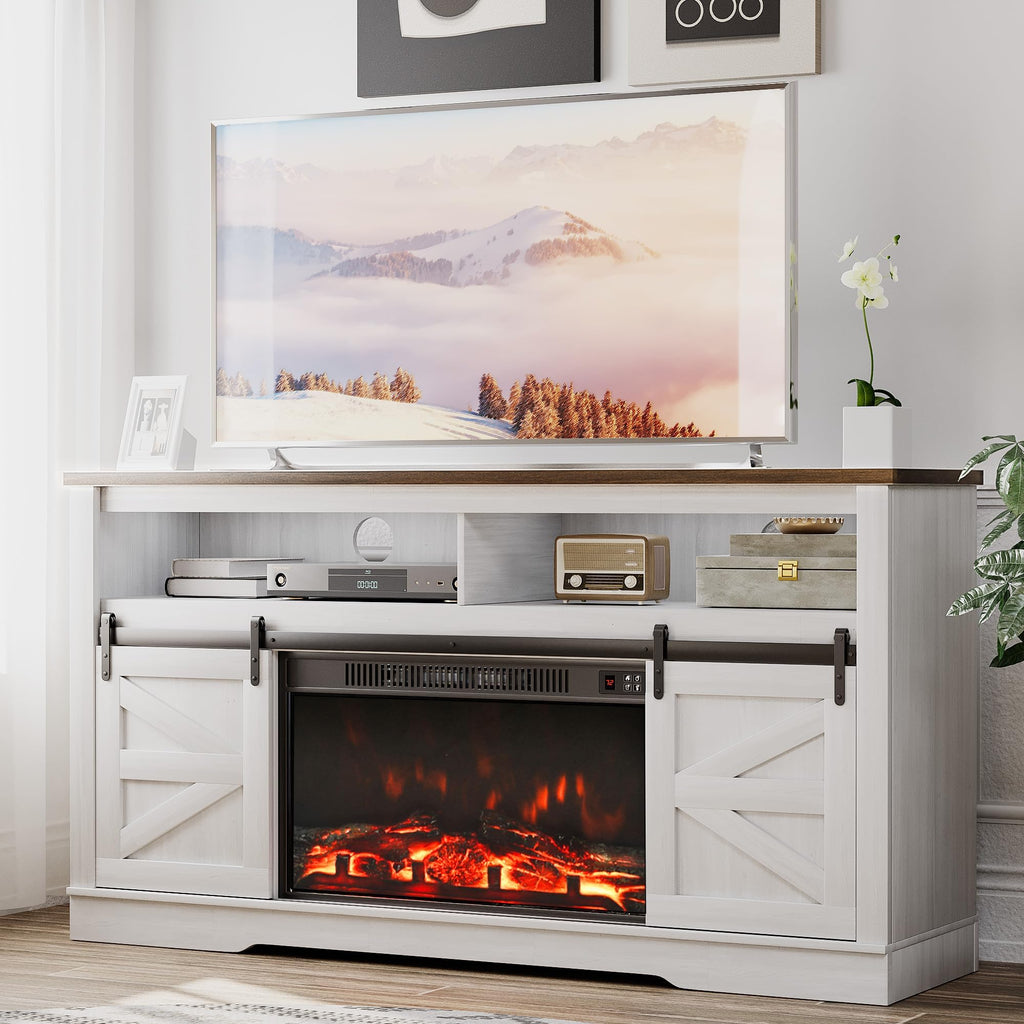 JUMMICO TV Stand for 65 Inch TV, Sliding Barn Doors, Bright White