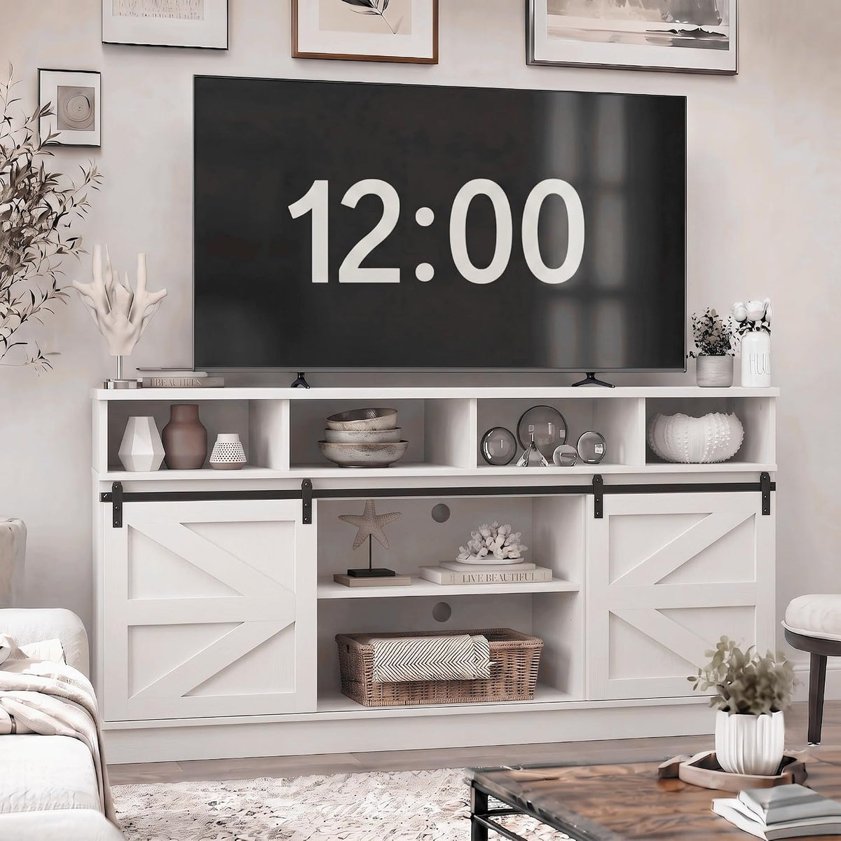 58" Farmhouse TV Stand with Sliding Barn Doors for TVs up to 65 Inch, Entertainment Center with Adjustable Shelves, Wood Media Console Storage Cabinet for Living Room Bedroom, White