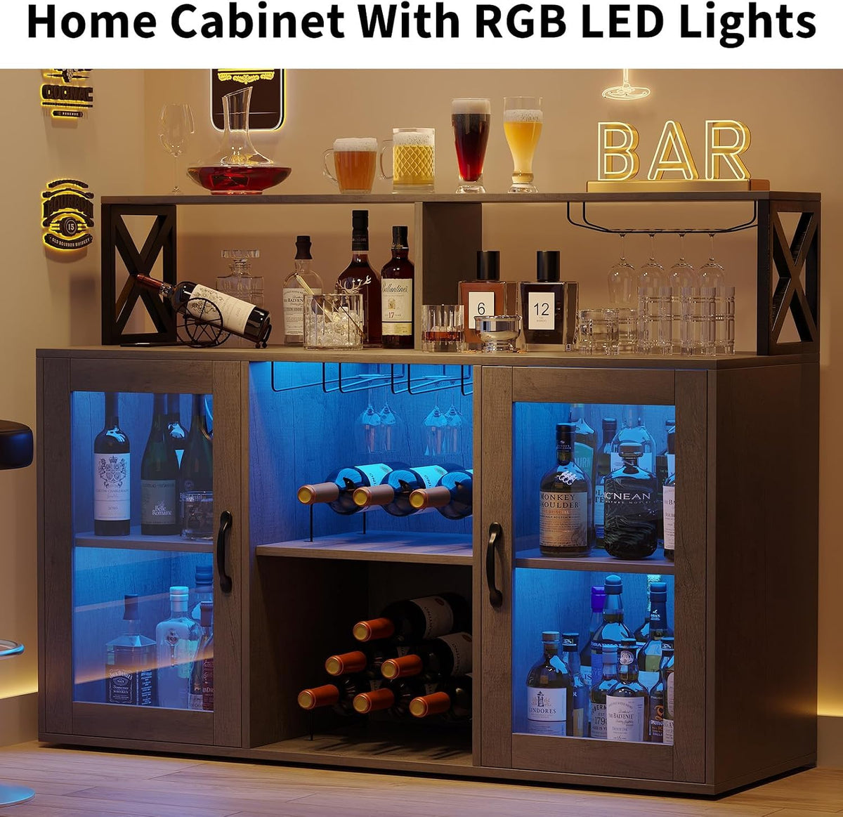 47" Wine Cabinet with LED Light, Home Coffee Cabinet with Wine Rack and Glass Holder, Coffee Bar Buffet Sideboard Storage with Power Outlets, for Living Room, Dining Room, Grey