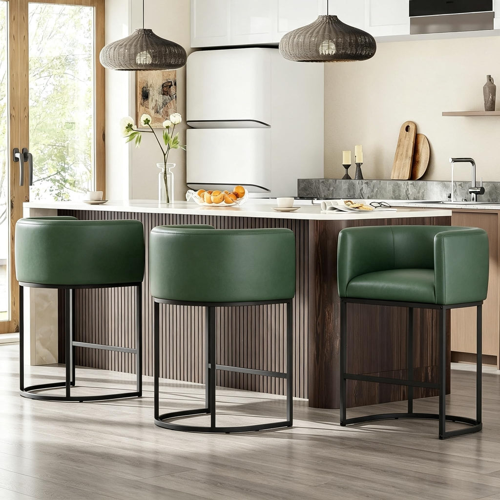 26" H Counter Height Bar Stools Set of 2, Modern Barrel Counter Stools with Backrest and Arms, Linen Fabric Upholstered Accent Barstools for Kitchen Island,Support 450 LBS (Beige)