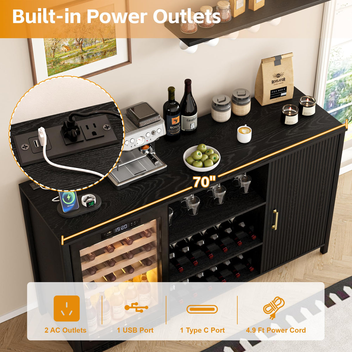 70" Large Coffee Bar Cabinet with Power Outlet, Mini Fridge Cabinet with Adjustable Shelf Wine Rack Glass Holder Liquor Wine Storage, Walnut Fluted Buffet Sideboard Table for Kitchen Dining Room