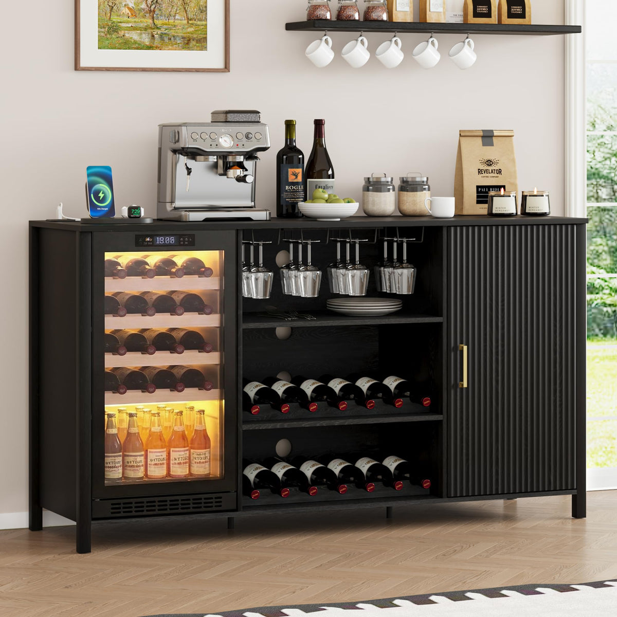 70" Large Coffee Bar Cabinet with Power Outlet, Mini Fridge Cabinet with Adjustable Shelf Wine Rack Glass Holder Liquor Wine Storage, Walnut Fluted Buffet Sideboard Table for Kitchen Dining Room