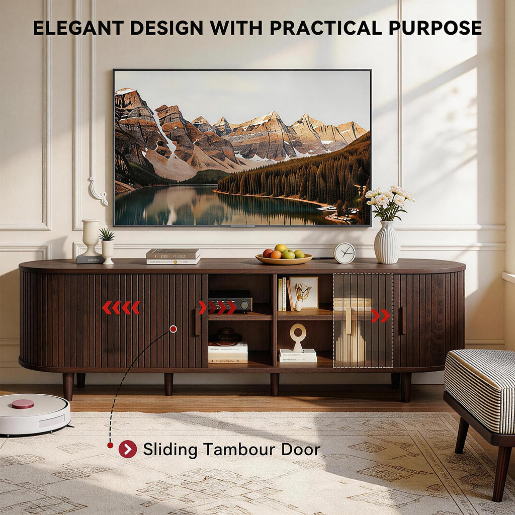 65" Mid Century Modern TV Stand with Power Outlet, Fluted Entertainment Center with Storage and Adjustable Shelves, Wood TV Console with Sliding Doors for Living Room, Walnut