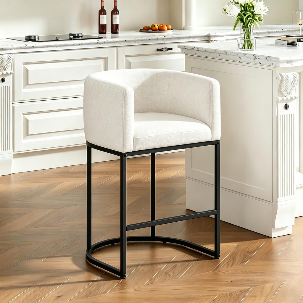 26" H Counter Height Bar Stools Set of 2, Modern Barrel Counter Stools with Backrest and Arms, Linen Fabric Upholstered Accent Barstools for Kitchen Island,Support 450 LBS (Beige)