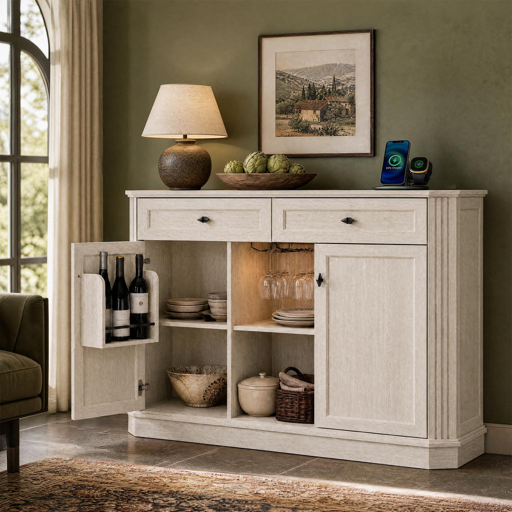 47" Wine Bar Cabinet with LED Light & Power Outlets, 2 Door Coffee Bar Cabinet with 2 Drawers, Sideboard Buffet Cabinet with Storage, Liquor Cabinet for Home Bar, Kitchen Living Room, Walnut Brown