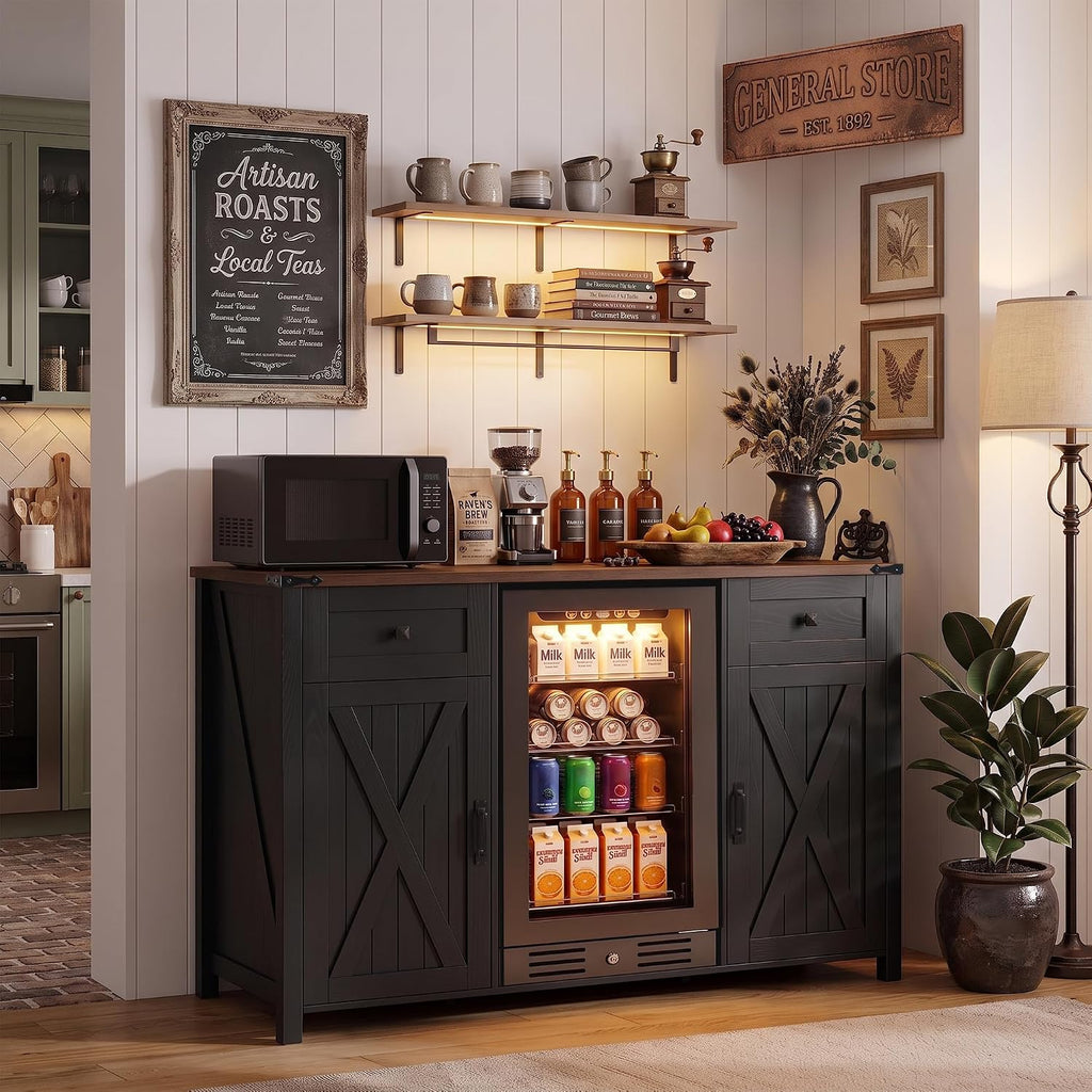 53.2" Farmhouse Fridge Cabinet, Coffee Bar Cabinet, Black