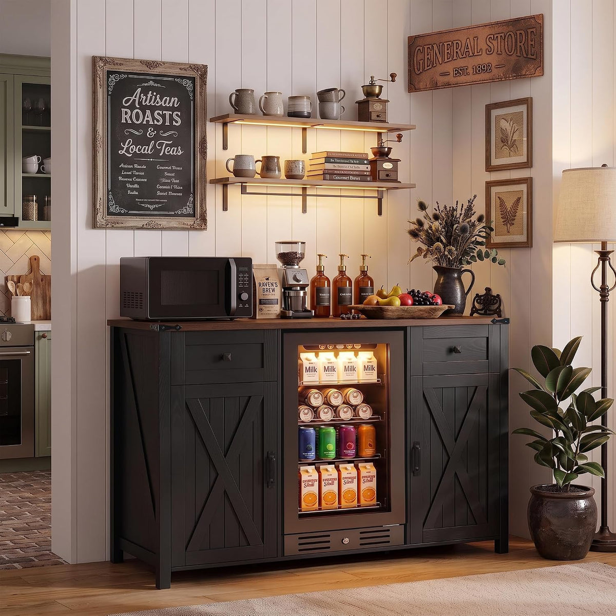 53.2" Farmhouse Fridge Cabinet, Coffee Bar Cabinet, Black