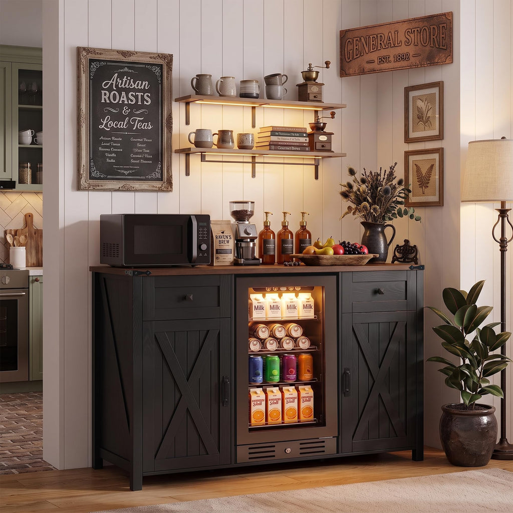 53.2" Farmhouse Fridge Cabinet, Coffee Bar Cabinet, Black