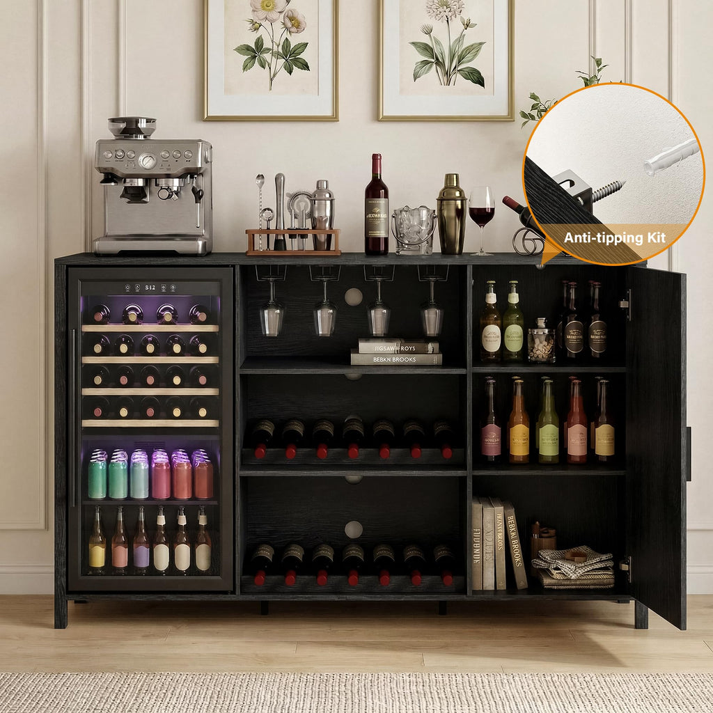 70" Large Coffee Bar Cabinet with Power Outlet, Mini Fridge Cabinet with Adjustable Shelf Wine Rack Glass Holder Liquor Wine Storage, Walnut Fluted Buffet Sideboard Table for Kitchen Dining Room