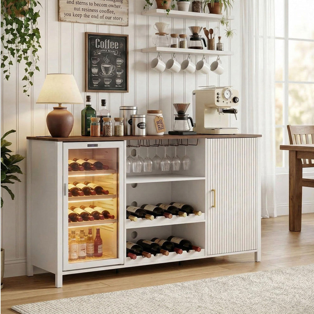 70" Large Coffee Bar Cabinet with Power Outlet, Mini Fridge Cabinet with Adjustable Shelf Wine Rack Glass Holder Liquor Wine Storage, Walnut Fluted Buffet Sideboard Table for Kitchen Dining Room