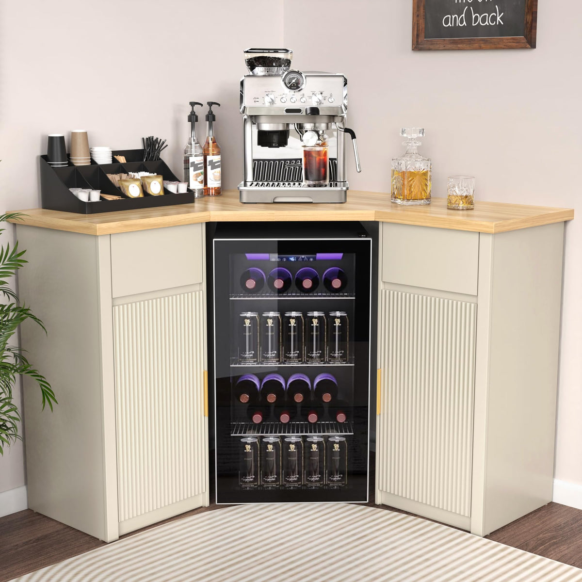 GDLF Corner Coffee Bar with Fridge Space, L Shaped Liquor Cabinet,Black