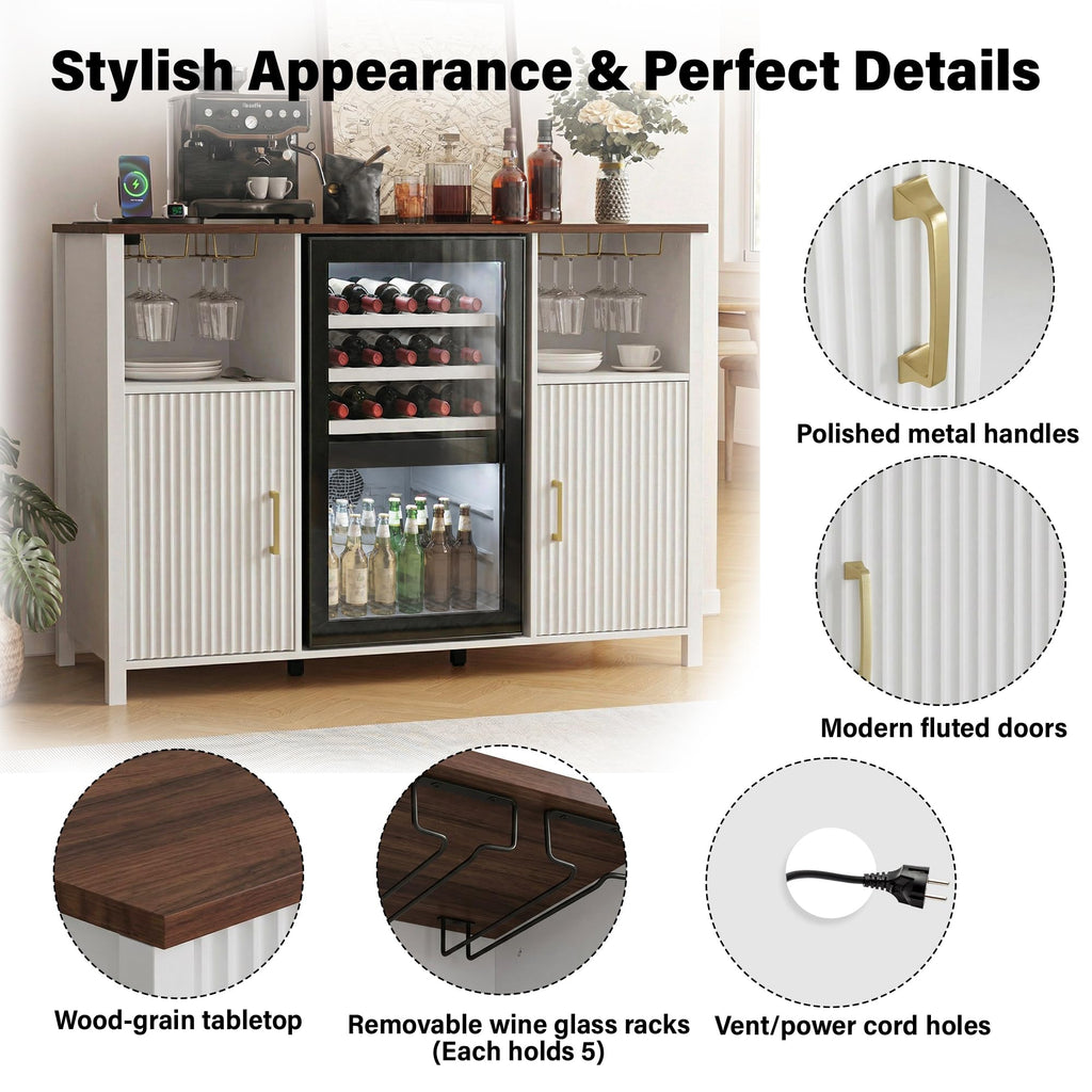 70" Large Coffee Bar Cabinet with Power Outlet, Mini Fridge Cabinet with Adjustable Shelf Wine Rack Glass Holder Liquor Wine Storage, Walnut Fluted Buffet Sideboard Table for Kitchen Dining Room