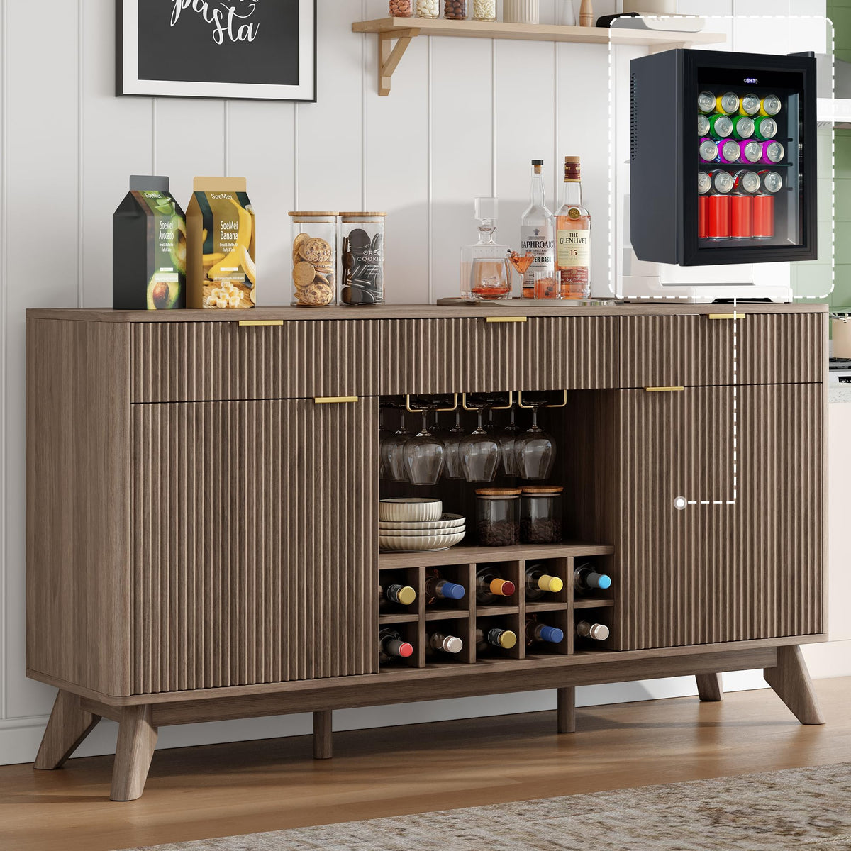 60" Wine Bar Cabinet, Coffee Bar Cabinet with Fridge, Sideboard Cabinet