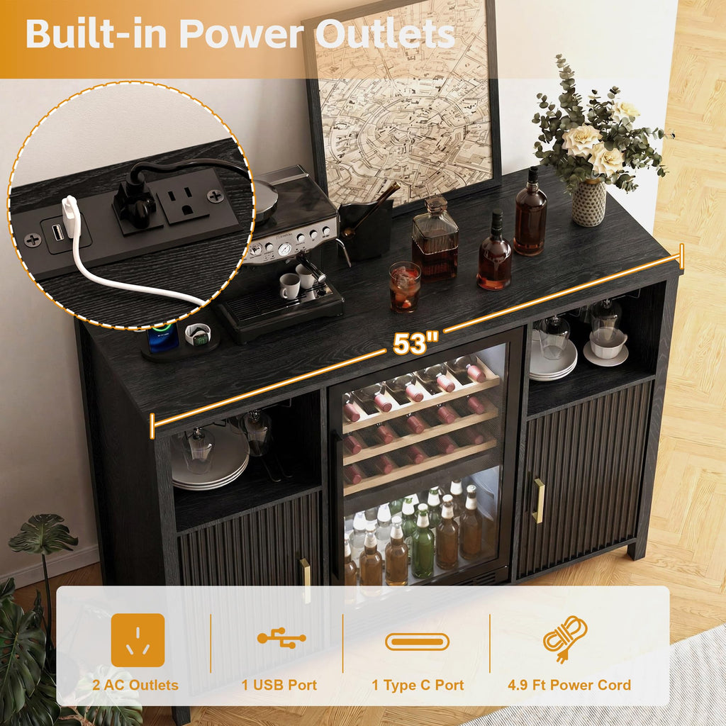 70" Large Coffee Bar Cabinet with Power Outlet, Mini Fridge Cabinet with Adjustable Shelf Wine Rack Glass Holder Liquor Wine Storage, Walnut Fluted Buffet Sideboard Table for Kitchen Dining Room