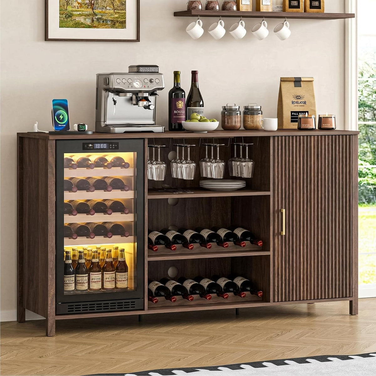 70" Large Coffee Bar Cabinet with Power Outlet, Mini Fridge Cabinet with Adjustable Shelf Wine Rack Glass Holder Liquor Wine Storage, Walnut Fluted Buffet Sideboard Table for Kitchen Dining Room