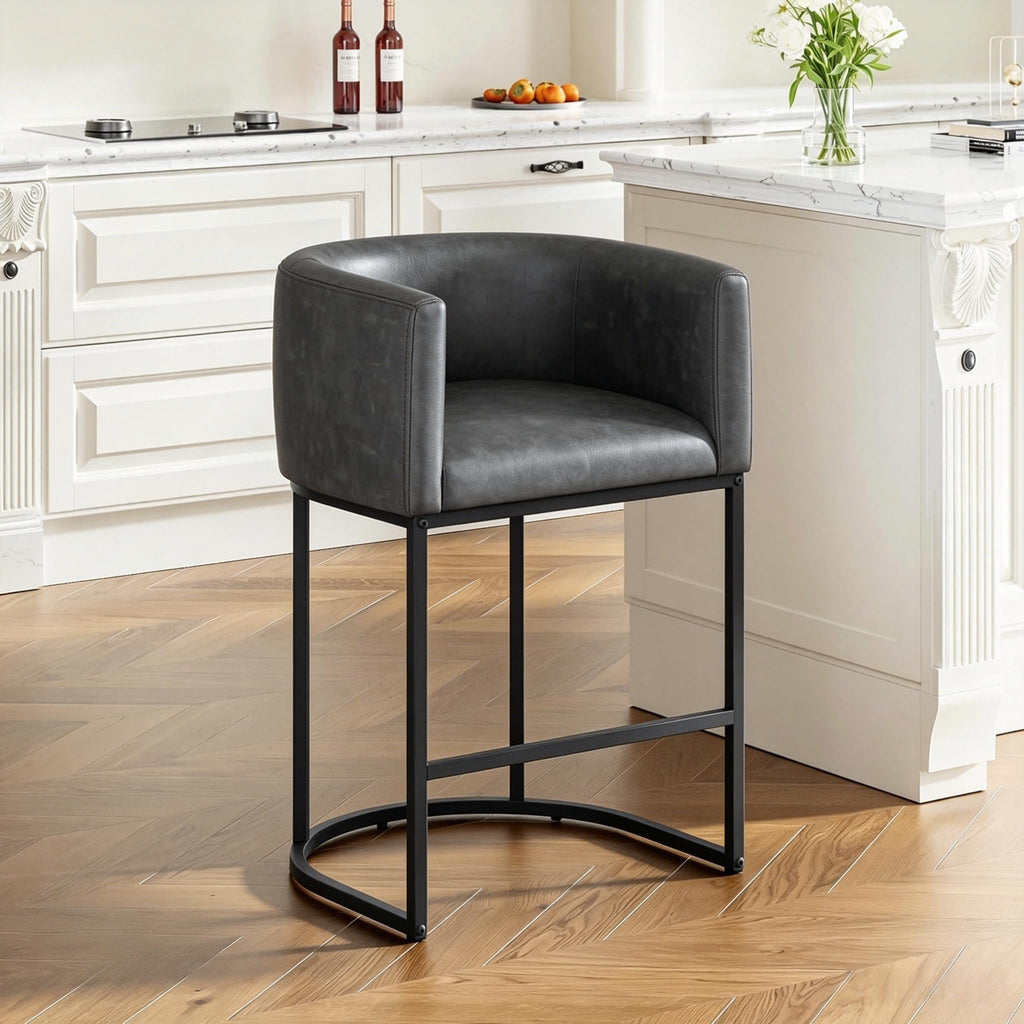 26" H Counter Height Bar Stools Set of 2, Modern Barrel Counter Stools with Backrest and Arms, Linen Fabric Upholstered Accent Barstools for Kitchen Island,Support 450 LBS (Beige)