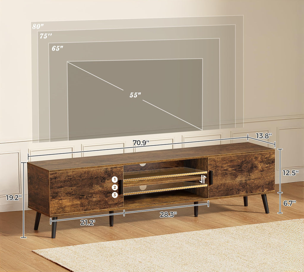 SUPERJARE TV Stand for 55 Inch TV, Entertainment Center with Adjustable Shelf, 2 Cabinets, TV Console Table, Media Console, Solid Wood Feet, Cord Holes, for Living Room, Bedroom, Rustic Brown