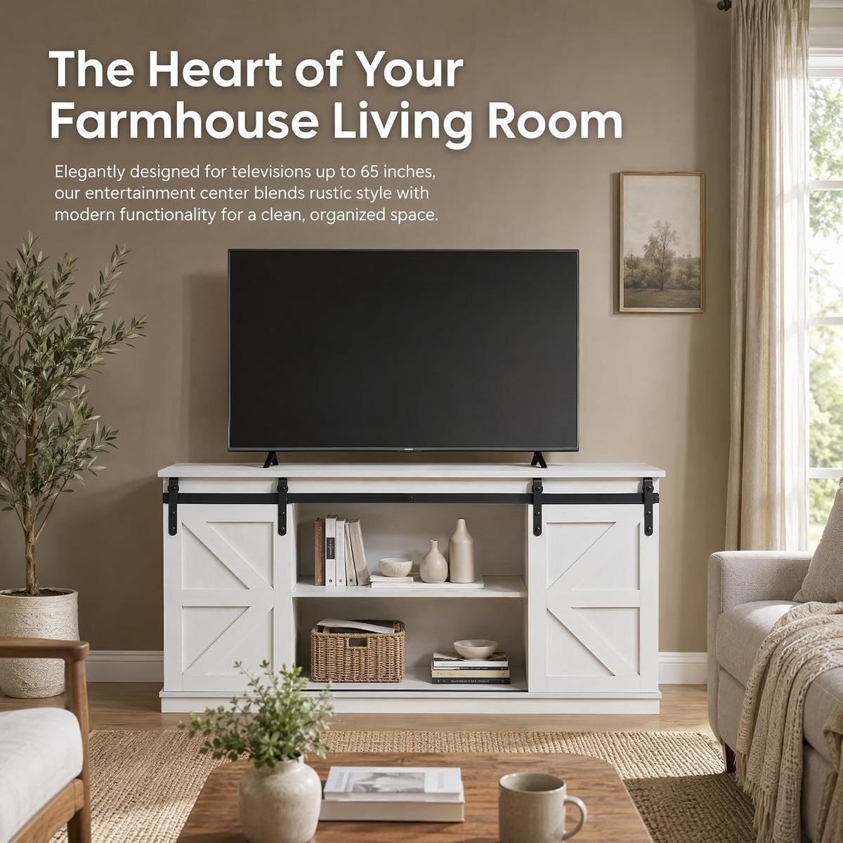 58'' Farmhouse TV Stand for Televisions up to 65 Inches, Entertainment Center with Sliding Barn Doors, White TV Consoles with Adjustable Shelves and Storage Cabinets for Living Room