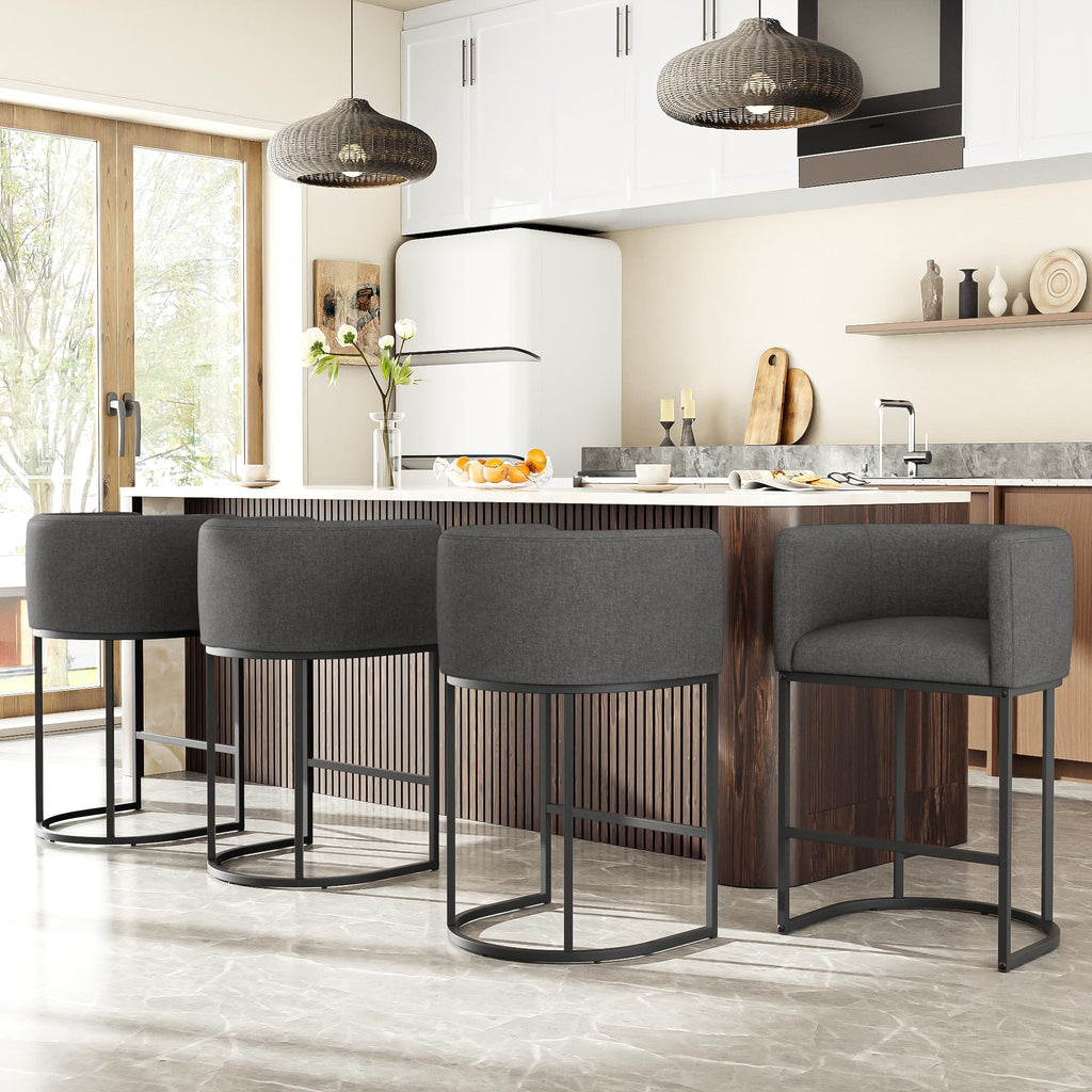 26" H Counter Height Bar Stools Set of 2, Modern Barrel Counter Stools with Backrest and Arms, Linen Fabric Upholstered Accent Barstools for Kitchen Island,Support 450 LBS (Beige)