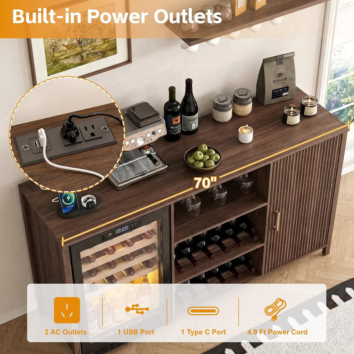70" Large Coffee Bar Cabinet with Power Outlet, Mini Fridge Cabinet with Adjustable Shelf Wine Rack Glass Holder Liquor Wine Storage, Walnut Fluted Buffet Sideboard Table for Kitchen Dining Room