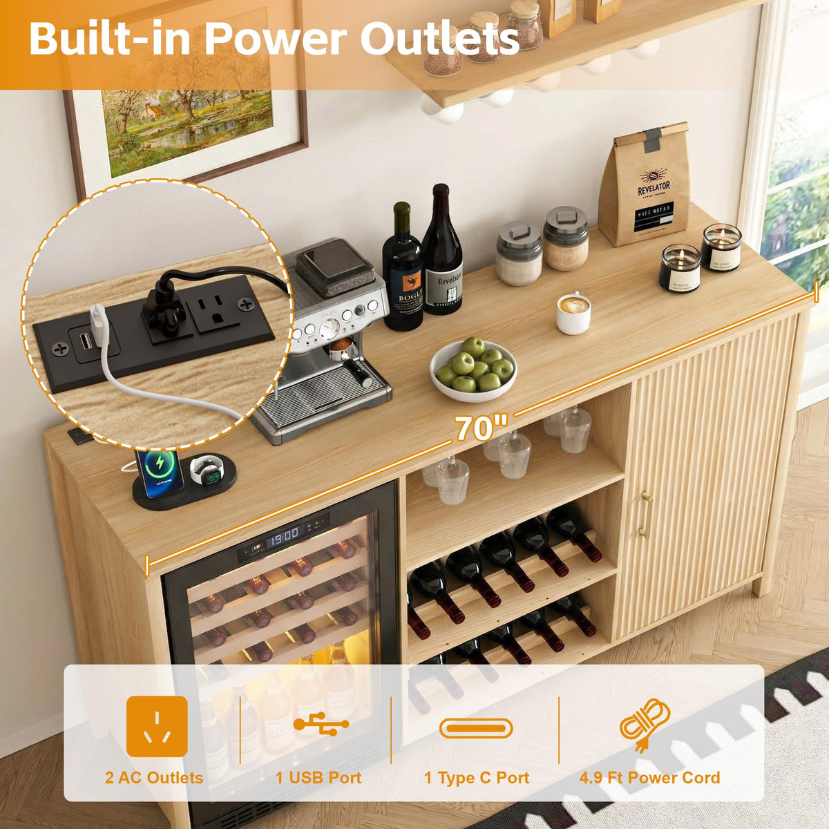 70" Large Coffee Bar Cabinet with Power Outlet, Mini Fridge Cabinet with Adjustable Shelf Wine Rack Glass Holder Liquor Wine Storage, Walnut Fluted Buffet Sideboard Table for Kitchen Dining Room