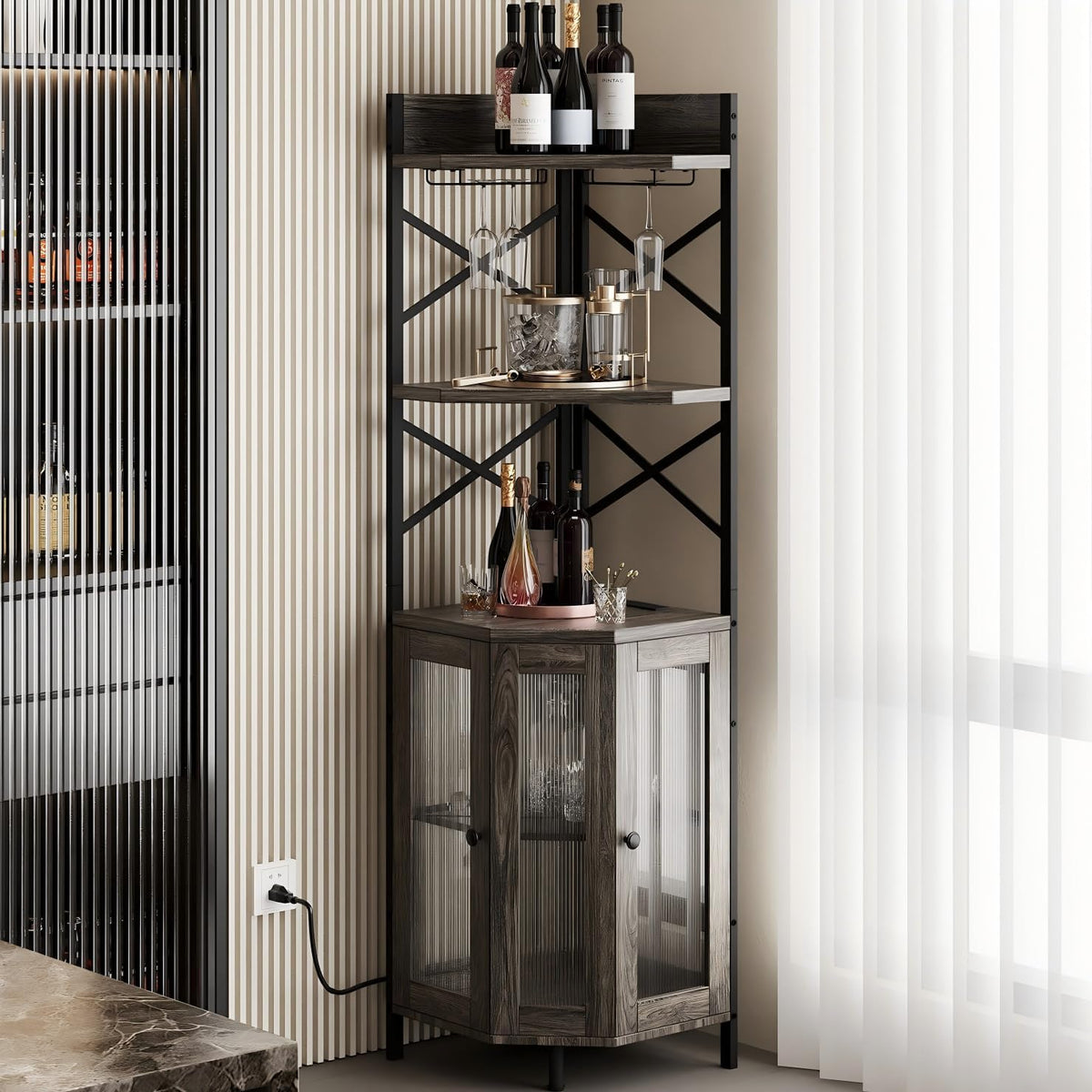 Airynee Corner Bar Cabinet with Power Outlet, 5-Tier Corner Wine Cabinet with Led Strip and Glass Holder, Industrial Tall Liquor Cabinet Bar Wine Rack for Home, Grey Oak