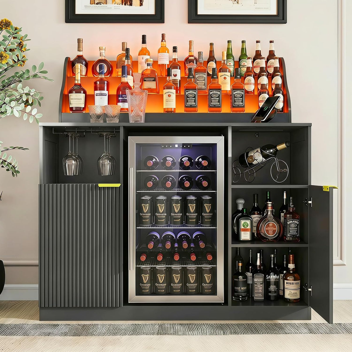 51'' Wine Bar Cabinet with LED Lighted Liquor Bottle Display Shelf,Mini Fridge Cabinet with Storage and Power Outlet,Liquor Coffee Bar Cabinet with Fridge Space,Modern Buffet Cabinet with Wine Rack