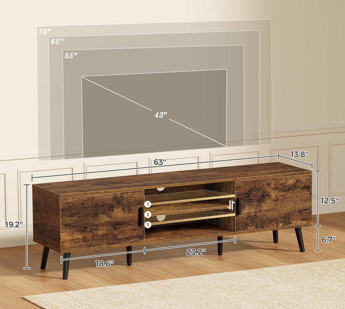 SUPERJARE TV Stand for 55 Inch TV, Entertainment Center with Adjustable Shelf, 2 Cabinets, TV Console Table, Media Console, Solid Wood Feet, Cord Holes, for Living Room, Bedroom, Rustic Brown