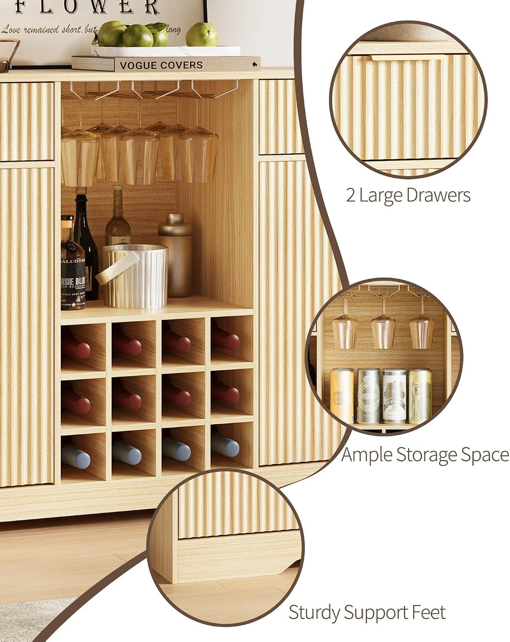 55" Fluted Wine Bar Cabinet - Coffee Bar Cabinets for Home with Storage, 2 Door & 2 Drawer Buffet Sideboard with Liquor Rack and Glass Holder, Alcohol Indoor Bars for Living Room, Kitchen