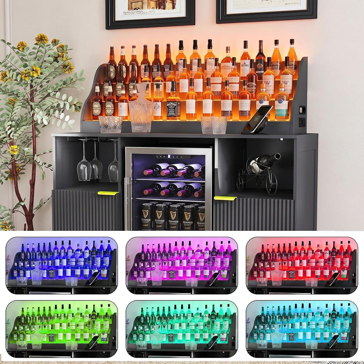 51'' Wine Bar Cabinet with LED Lighted Liquor Bottle Display Shelf,Mini Fridge Cabinet with Storage and Power Outlet,Liquor Coffee Bar Cabinet with Fridge Space,Modern Buffet Cabinet with Wine Rack