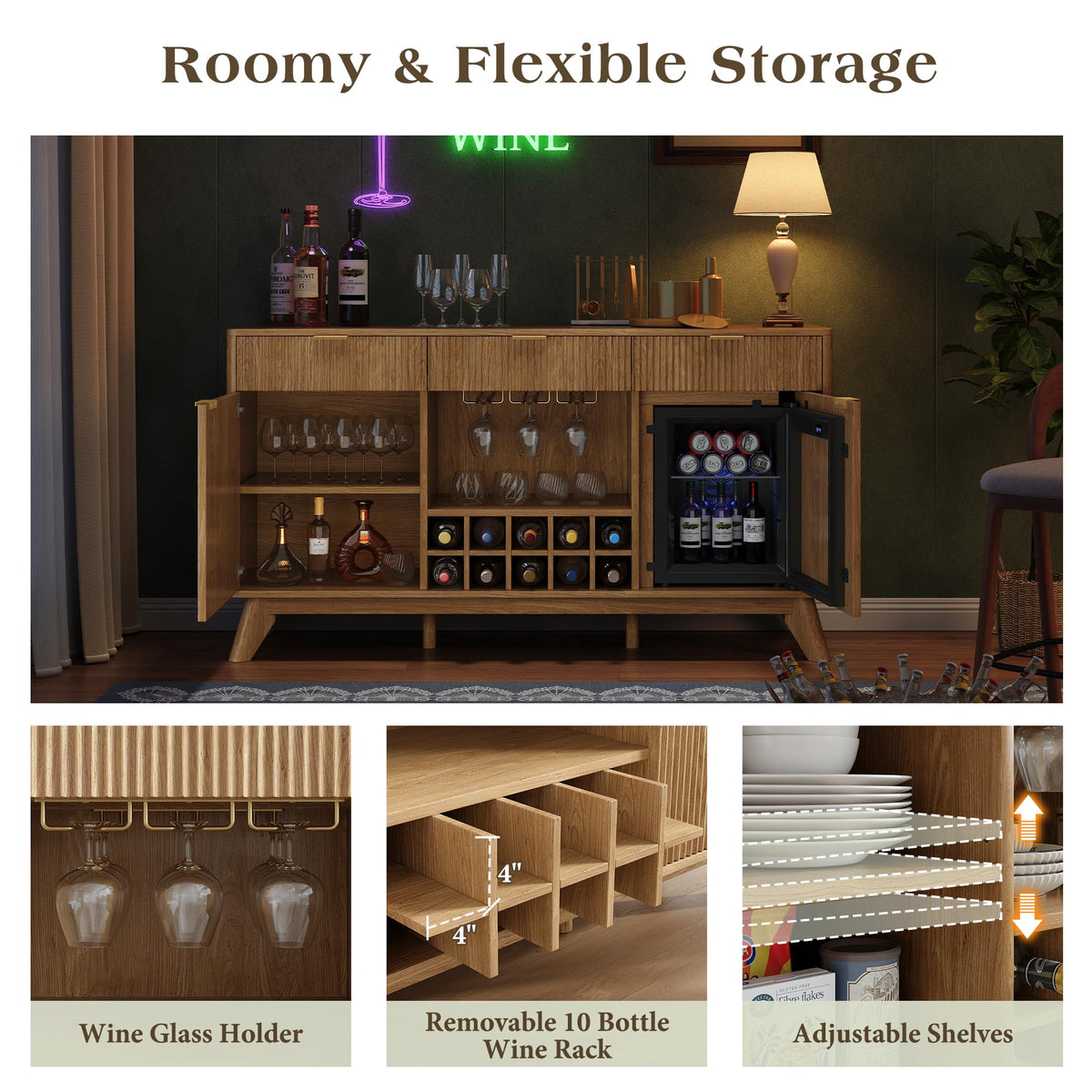 60" Wine Bar Cabinet, Coffee Bar Cabinet with Fridge, Sideboard Cabinet