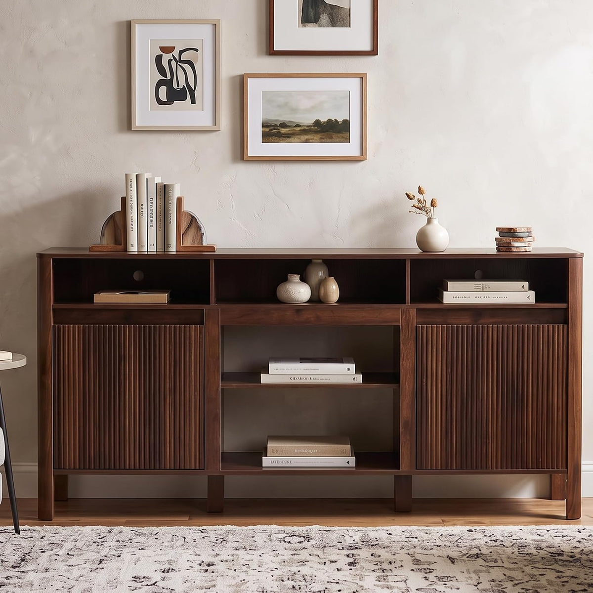 68" Mid Century Modern TV Stands for Living Room, Fulted TV Stand