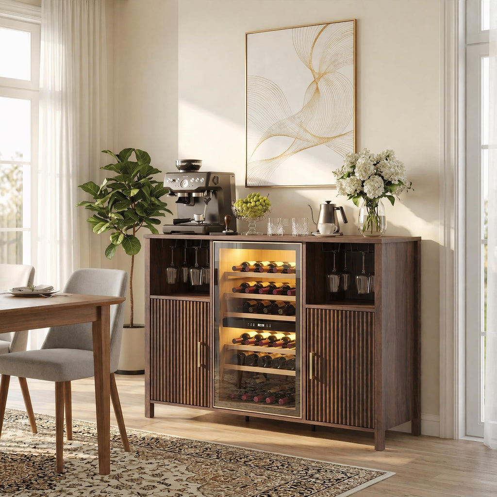 70" Large Coffee Bar Cabinet with Power Outlet, Mini Fridge Cabinet with Adjustable Shelf Wine Rack Glass Holder Liquor Wine Storage, Walnut Fluted Buffet Sideboard Table for Kitchen Dining Room