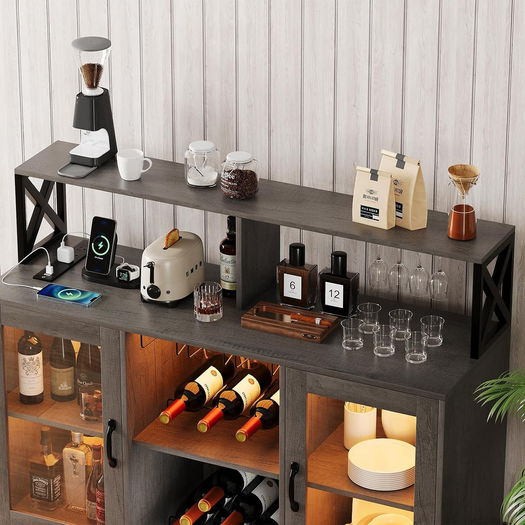 47" Wine Cabinet with LED Light, Home Coffee Cabinet with Wine Rack and Glass Holder, Coffee Bar Buffet Sideboard Storage with Power Outlets, for Living Room, Dining Room, Grey