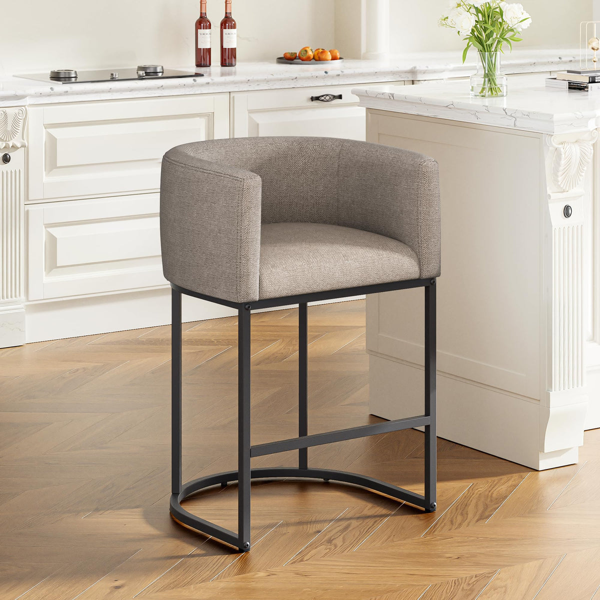 26" H Counter Height Bar Stools Set of 2, Modern Barrel Counter Stools with Backrest and Arms, Linen Fabric Upholstered Accent Barstools for Kitchen Island,Support 450 LBS (Beige)