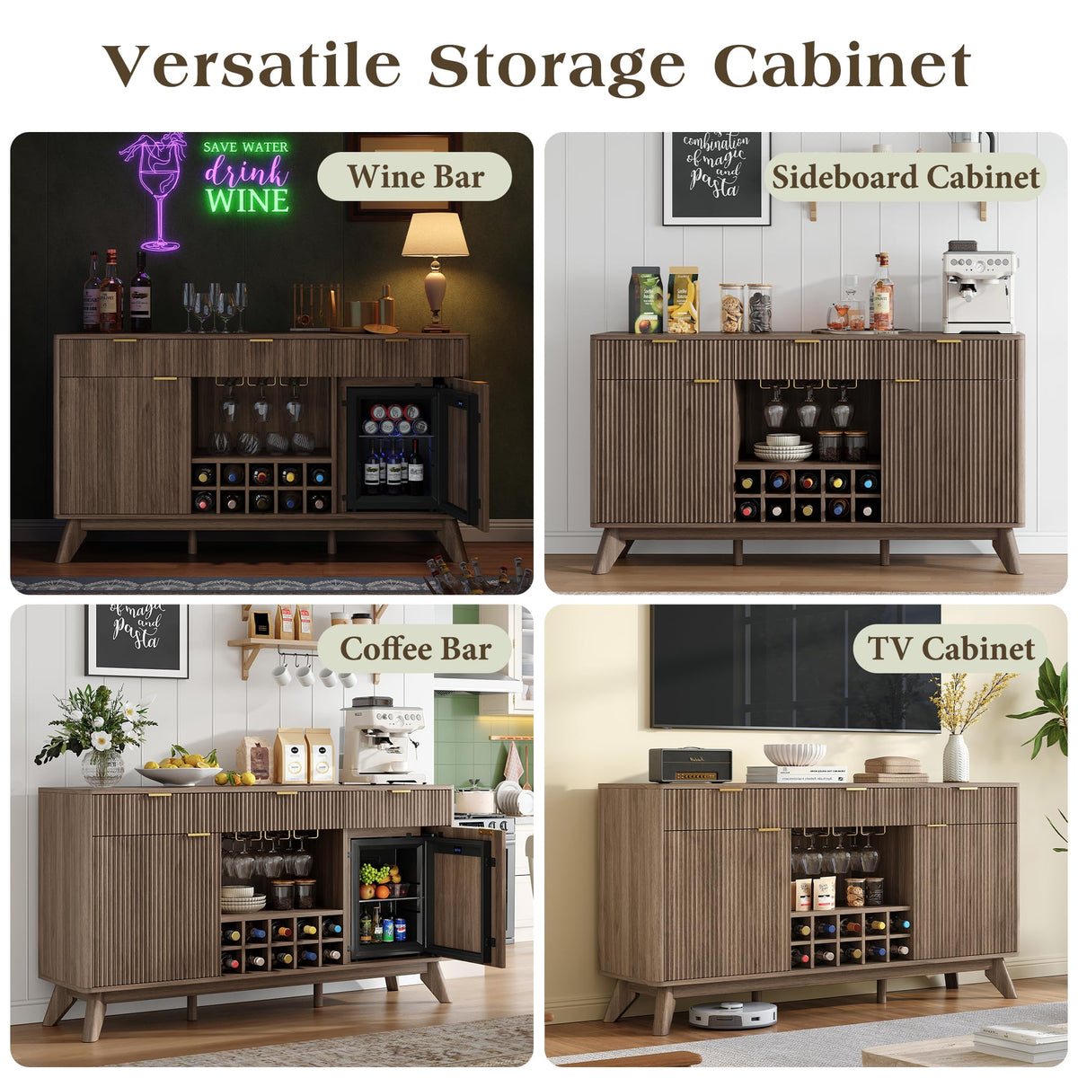 60" Wine Bar Cabinet, Coffee Bar Cabinet with Fridge, Sideboard Cabinet
