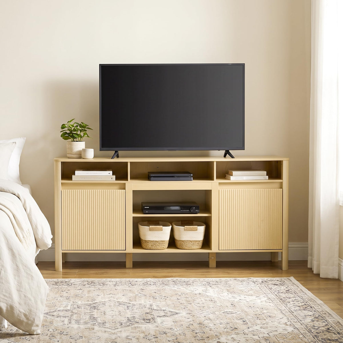 68" Mid Century Modern TV Stands for Living Room, Fulted TV Stand