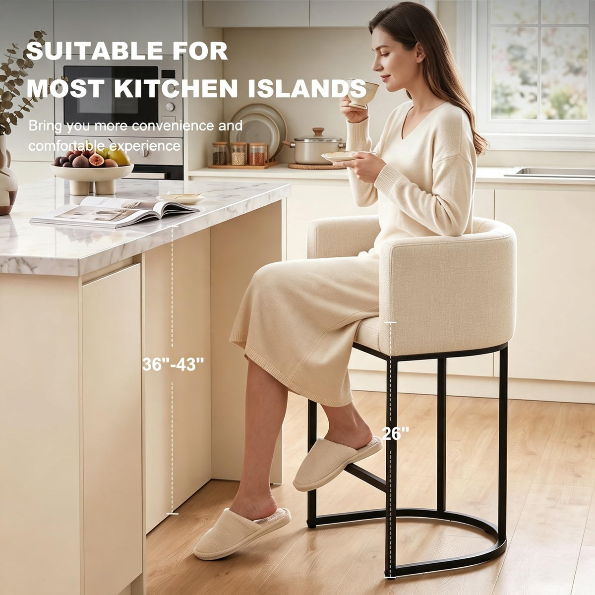 26" H Counter Height Bar Stools Set of 2, Modern Barrel Counter Stools with Backrest and Arms, Linen Fabric Upholstered Accent Barstools for Kitchen Island,Support 450 LBS (Beige)